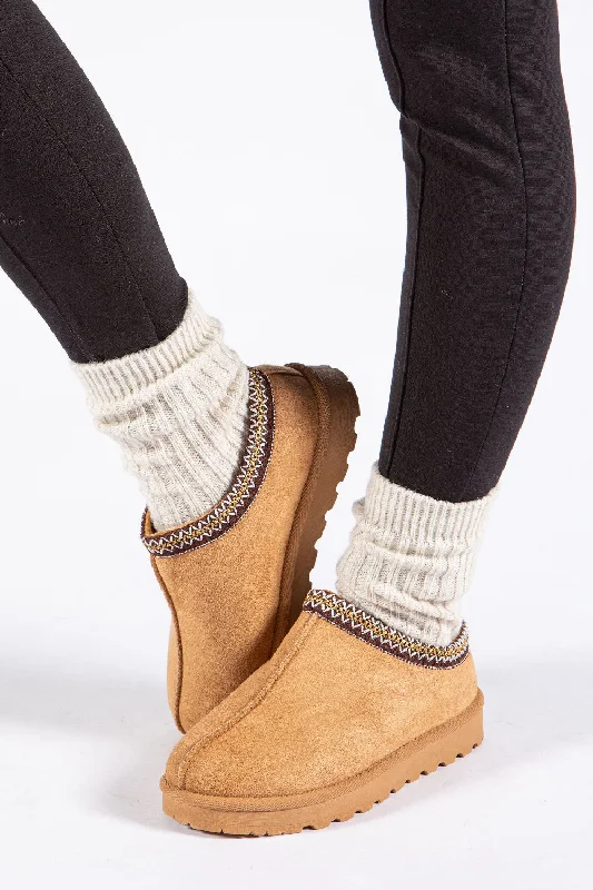 Slippers with tough weave -CHESTNUT FAUX SUEDE EMBROIDED AZTEC DETAIL  COZY FLUFFY SLIPPERS BOOTS BOOTIES