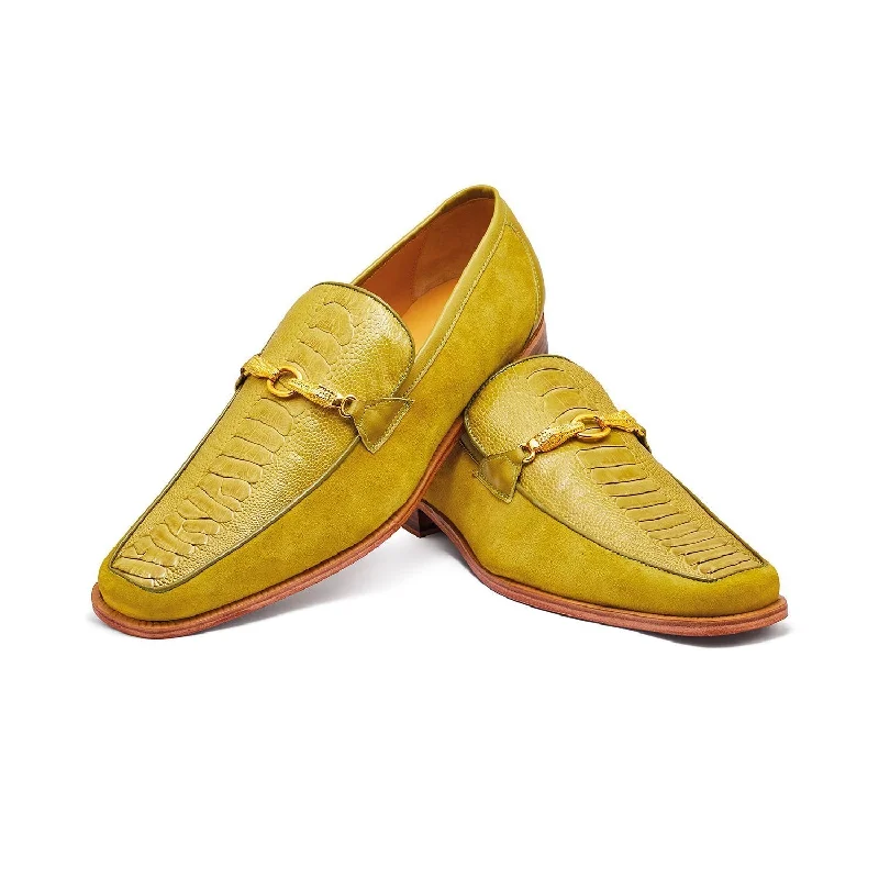 Stylish loafers for night style-Mauri Priest 4800 Men's Shoes Yellow Ostrich Leg / Suede / Calf-Skin Leather Horsebit Loafers (MA5303)