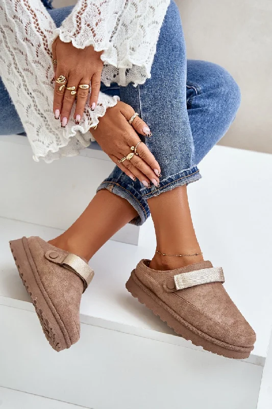 Special slippers for big moments -KHAKI FAUX SUEDE STRAPPY CLOGS SLIP ON MULES SLIPPERS