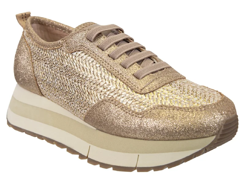 Comfortable athletic shoes for long jogs-Naked Feet: KINETIC in GOLD RAFFIA Platform Sneakers