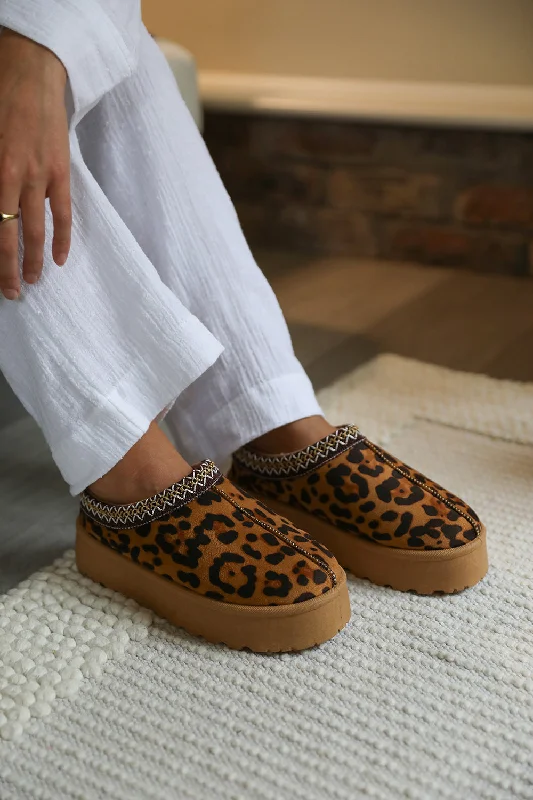 Slippers for casual calm -ALLEGRA FLATFORM EMBROIDERED LOW ANKLE SLIPPER BOOTS IN LEOPARD SUEDE