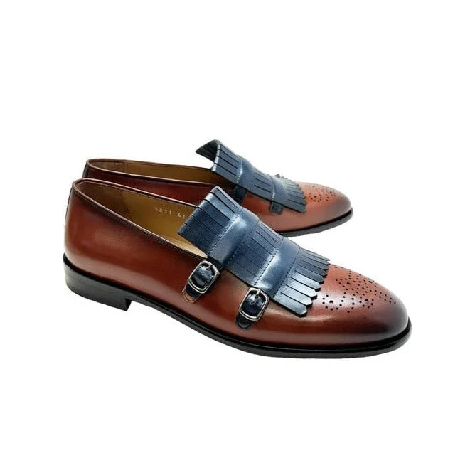 Slip-on loafers for quick comfort-Corrente C0001901-5211 Men's Shoes Navy & Brown Calf-Skin Leather Kilt Buckles Loafers (CRT1496)