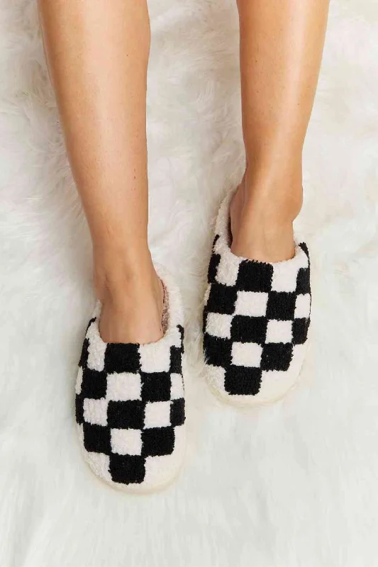 Nostalgic slippers women’s vintage -Melody Checkered Print Plush Slide Slippers