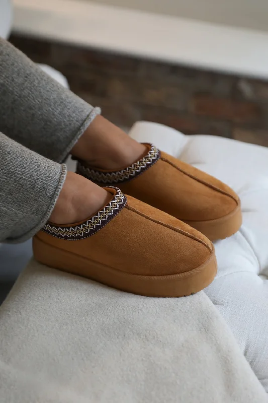 Plush slippers for women’s relaxation -ALLEGRA FLATFORM EMBROIDERED LOW ANKLE SLIPPER BOOTS IN CHESTNUT SUEDE