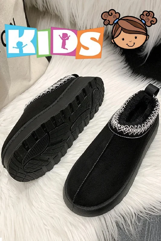 Clearance slippers for big deals -KIDS BLACK EMBROIDED FLUFFY FAUX FUR PLATFORM SLIPPERS 31/36