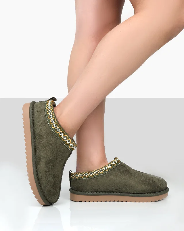 Slippers with fuzzy texture -Tamsin Khaki Faux Suede Embroidered Slipper Boots