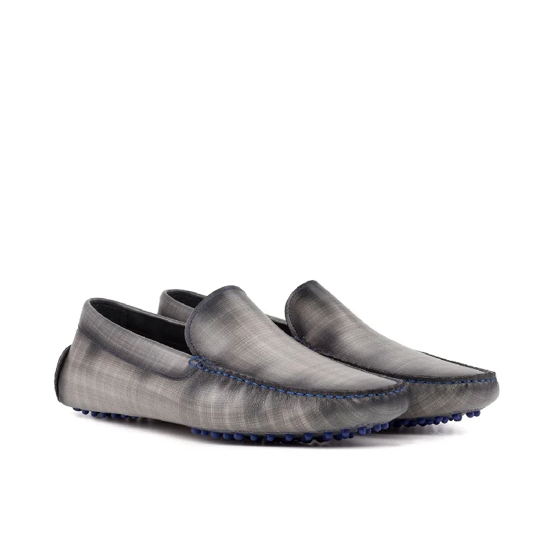 Breathable loafers for cool nights-Ambrogio Luxury Men's Shoes Gray Patina Leather Driver Loafers (AMB2540)