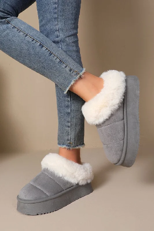 Slippers for home projects -GREY ULTRA MINI PLATFORM FAUX FUR LINED FLUFFY SLIPPERS