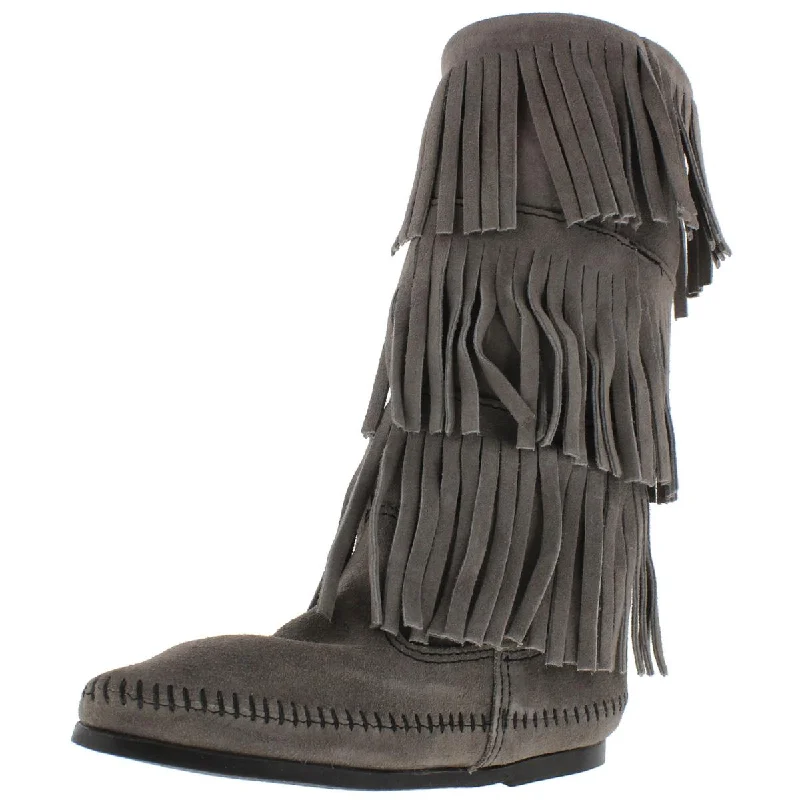 Boots with pliable upper materials -Minnetonka Womens 3 Layer Fringe Mid-Calf Western Moccasin Boots