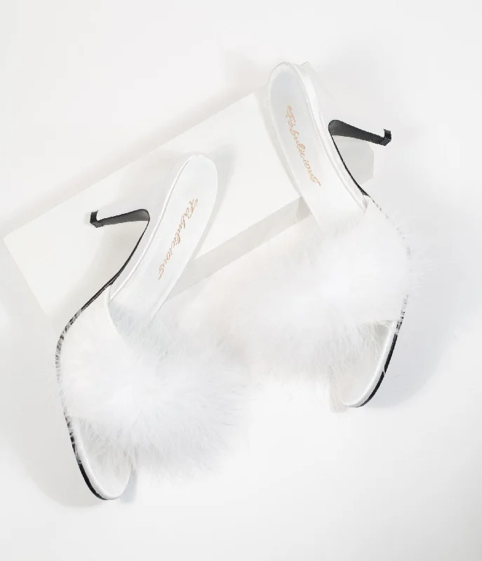 Slippers with bendy soles -White Marabou Feather Peep Toe Slipper Heel