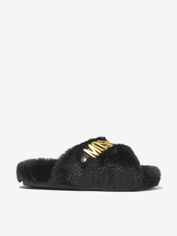 Slippers for long rests -Moschino Girls Faux Fur Logo Slippers