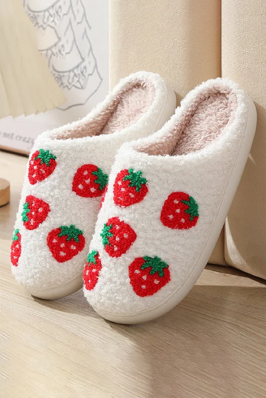 Slippers with rain-tight soles -Bright White Cute Fuzzy Strawberry Pattern Winter Slippers