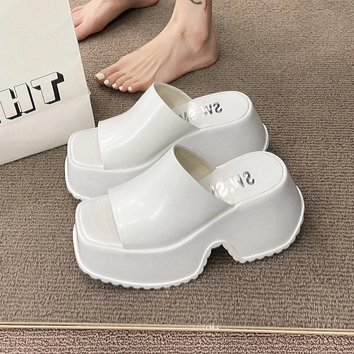 Slippers with plush foam support -Retro Platform Slides for Women, Stylish Heeled Slippers, White Glossy Creeper Heels, Pink Peep Toe Platform Pumps, Square Toe Shoes