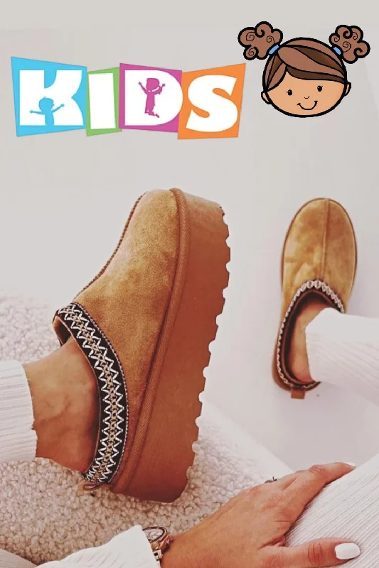 Slippers for quiet naps -KIDS CHESTNUT EMBROIDED FLUFFY FAUX FUR PLATFORM SLIPPERS 30/35 SIZES